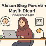 Ilustrasi seorang ibu berhijab sedang menulis konten blog parenting di laptop.
