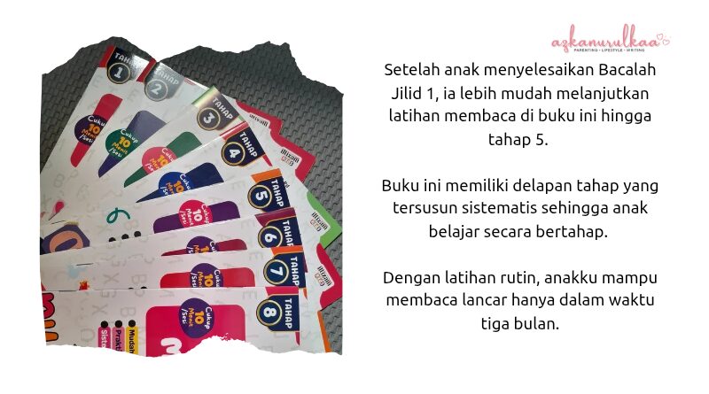 Latihan membaca di buku 8 Tahap Lancar Membaca.